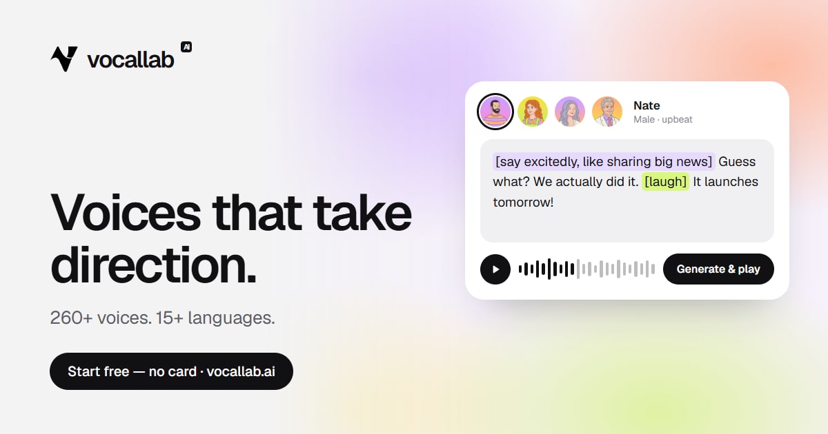 Screenshot of Vocallab AI, AI voiceovers you can direct with plain-English cues